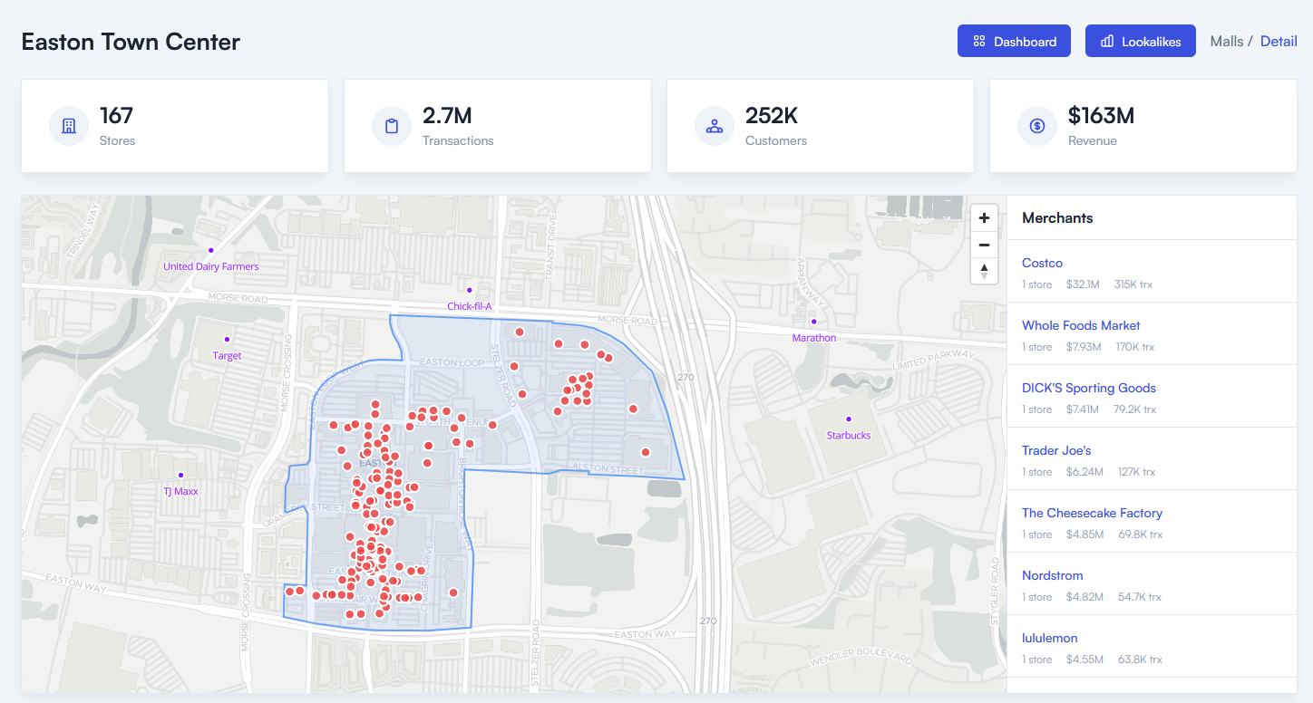 Mall detail page for Easton Town Center with store map, KPIs and merchant ranking